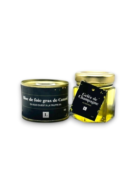 Duo Bloc de foie gras de Canard entier du Sud-Ouest à la truffe 5% et gelée de Champagne au Safran