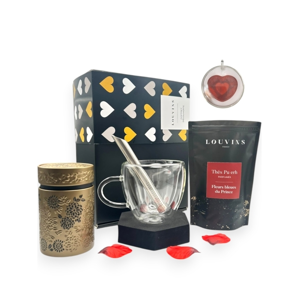 Coffret Or "Ma tasse coeur et Pu Erh - Fleurs bleues du Prince"