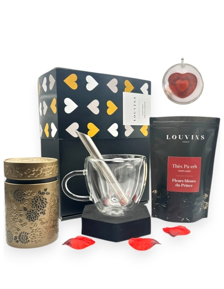 Coffret Or "Ma tasse coeur et Pu Erh - Fleurs bleues du Prince"