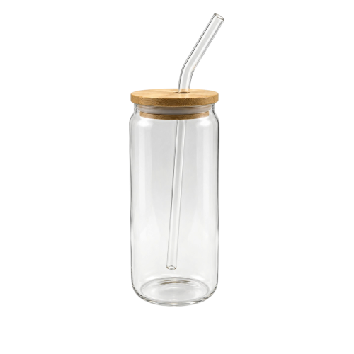 500ml Clear Cylindrical Glass with Lid and Straw