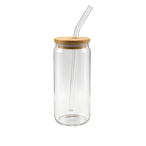 500ml Clear Cylindrical Glass with Lid and Straw