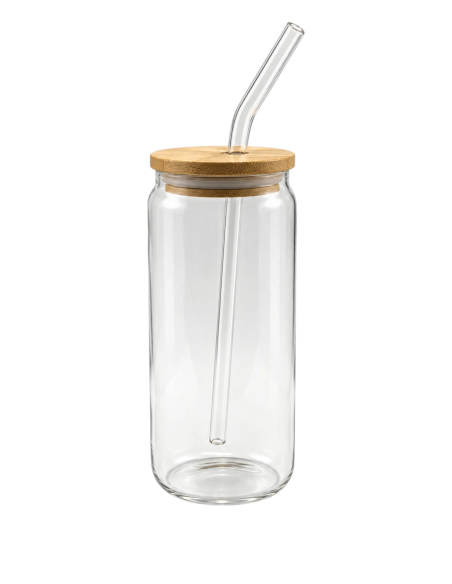 500ml Clear Cylindrical Glass with Lid and Straw