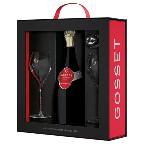 Gosset - Coffret Grande Réserve - 2 flûtes et 1 bouchon - Brut - Champagne AOC