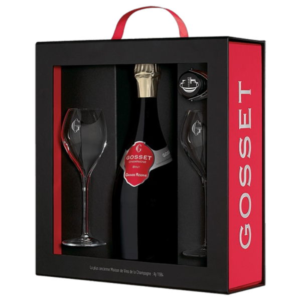 Gosset - Coffret Grande Réserve - 2 flûtes et 1 bouchon - Brut - Champagne AOC