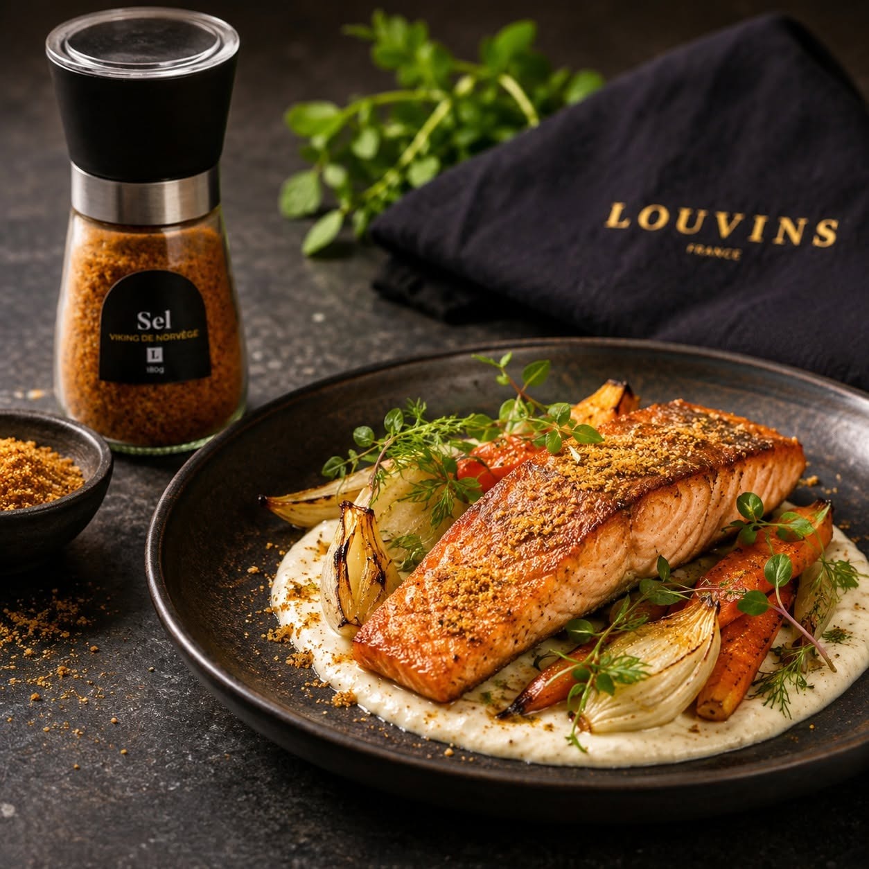 Roasted Salmon with Louvins Viking Salt, Glazed Vegetables & Parsnip Cream
